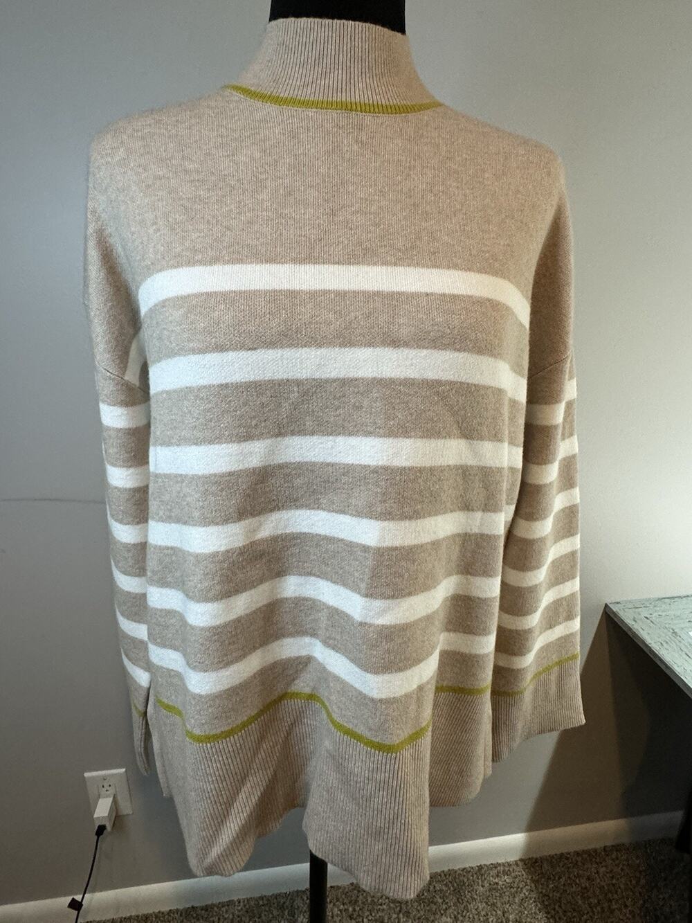Tahari Long Sleeve Sz Medium Sweater Mock Turtleneck Lime Green Accent NWOT